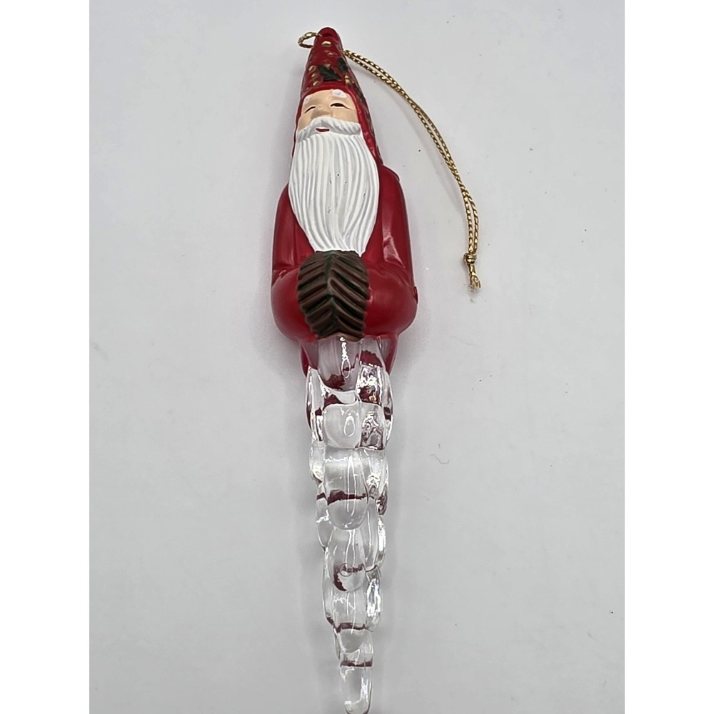 VTG‎ 6" Clear Acrylic Icicle Hand Painted Christmas Ornament Santa Claus